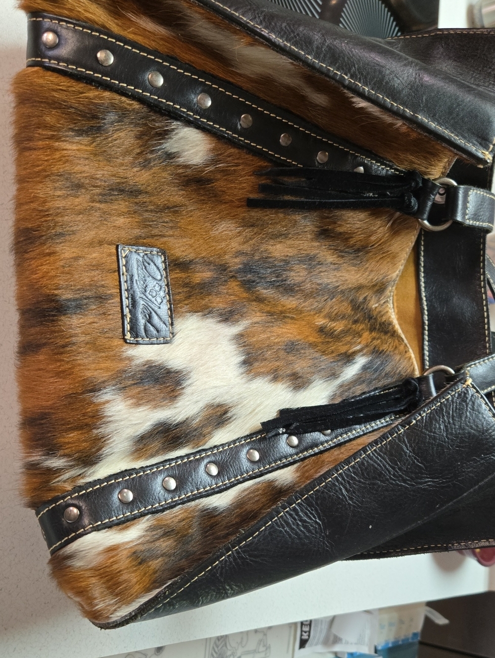 Patricia Nash Brown & Black Haircalf Satchel with Stud Accents &Matching Wallet
